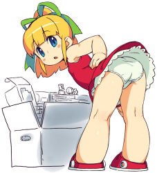 Rule 34 | 1girl, :o, aqua eyes, ass, bent over, blonde hair, box, child, dress, female focus, flat chest, from behind, full body, hair ribbon, hand on own hip, looking back, mega man (classic), mega man (series), non-web source, om (nk2007), open mouth, panties, pantyshot, partially colored, ribbon, robot, roll (mega man), short hair, simple background, skirt, sleeveless, solo, underwear, white background, white panties