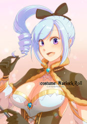 Rule 34 | 1girl, black bow, black cape, black dress, black gloves, blue hair, bow, breasts, brooch, cape, cleavage, commentary request, dress, drill hair, drill ponytail, fur-trimmed cape, fur trim, gloves, gold trim, hair bow, high ponytail, highres, holding, holding wand, jewelry, large breasts, looking at viewer, medium hair, official alternate costume, open mouth, ponytail, purple eyes, ragnarok online, saishichi, smile, solo, strapless, strapless dress, two-tone dress, upper body, wand, warlock (ragnarok online), white dress