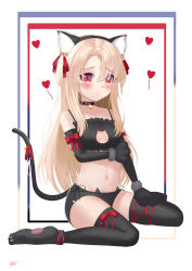 Rule 34 | $hu, 1girl, absurdres, animal ears, bare shoulders, black panties, black thighhighs, blonde hair, blush, cat cutout, cat ears, cat tail, clothing cutout, collarbone, commentary request, fate/kaleid liner prisma illya, fate (series), hair ribbon, heart, highres, illyasviel von einzbern, long hair, looking at viewer, meme attire, navel, official alternate costume, panties, red eyes, red ribbon, ribbon, sitting, solo, tail, thighhighs, underwear