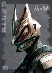 Rule 34 | 1boy, absurdres, armor, commentary request, compound eyes, cosplay, crossover, fox mask, grey background, highres, kamen rider, kamen rider geats, kamen rider geats (cosplay), kamen rider geats (series), kamen rider revi, kamen rider revice, kitsune, kozsen 810290, male focus, mask, red eyes, sharp teeth, solo, teeth