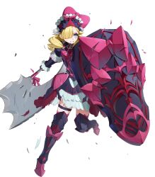 1girl armor attack aura axe battle_axe black_armor blonde_hair blue_eyes bow clenched_teeth damaged dress fire_emblem fire_emblem_engage fire_emblem_heroes frilled_dress frills hair_over_one_eye highres holding holding_axe holding_shield marni_(fire_emblem) medium_hair nintendo non-web_source pink_bow red_aura shield smile solo teeth torn_clothes v-shaped_eyebrows weapon