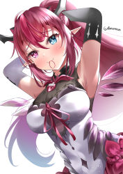 Rule 34 | + +, 1girl, :3, absurdres, armpits, arms up, asymmetrical gloves, bare shoulders, blue eyes, blush, breasts, brooch, closed mouth, detached wings, dress, elbow gloves, flower, gloves, hair between eyes, hair tie, heterochromia, highres, hololive, hololive english, horns, irys (hololive), irys (irys 1.0) (hololive), jewelry, lace trim, large breasts, long bangs, long hair, looking ahead, mismatched gloves, mouth hold, pointy ears, ponytail, purple eyes, purple hair, ribbon, rokusketch, shirt, sidelocks, simple background, sleeveless, sleeveless shirt, smile, tight clothes, tight dress, twitter username, tying hair, very long hair, virtual youtuber, white background, wings