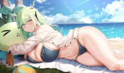 Rule 34 | &gt; &lt;, 1girl, antlers, beach, beach towel, bikini, bird, black bikini, blue sky, blush, bottle, breasts, ceres fauna, cleavage, cloud, curvy, day, grass, green hair, grin, hair between eyes, hair ribbon, highres, hololive, hololive english, horns, huge breasts, leaf, looking at viewer, lotion, lying, mixed-language commentary, mountainous horizon, navel, ocean, on side, outdoors, palm tree, ribbon, sapling (ceres fauna), seagull, sky, smile, solo, sunscreen, swimsuit, thighs, tnolize, towel, tree, virtual youtuber, watermark, white bird, wide hips