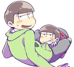 Rule 34 | 10s, 2boys, arm support, between legs, blush stickers, bowl cut, brothers, brown eyes, brown hair, denim, hood, hoodie, incest, jeans, looking up, male focus, matsuno choromatsu, matsuno osomatsu, mouth hold, multiple boys, osomatsu-kun, osomatsu-san, osomatsu (series), pants, siblings, simple background, sitting, smile, white background, yaoi