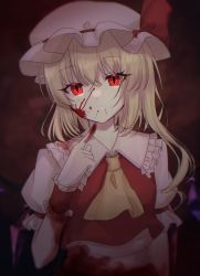 Rule 34 | 1girl, absurdres, ascot, blonde hair, blood, blood from mouth, blood on clothes, blood on face, blood on hands, bow, closed mouth, collared shirt, flandre scarlet, frilled shirt collar, frilled sleeves, frills, glowing, glowing eye, hair between eyes, hat, hat bow, head tilt, highres, index finger raised, long hair, looking at viewer, mob cap, puffy short sleeves, puffy sleeves, red eyes, red ribbon, red vest, ribbon, rina sukareltuto, shirt, short sleeves, side ponytail, solo, touhou, vest, white hat, white shirt, wrist cuffs, yandere, yellow ascot