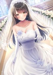 Rule 34 | 1girl, amagi shino, artist name, bare shoulders, blush, breasts, bridal veil, brown eyes, brown hair, church, cleavage, commentary request, commission, dress, earrings, elbow gloves, eyelashes, gloves, happy, highres, jewelry, large breasts, long hair, looking at viewer, original, ornate ring, ring, signature, smile, solo, veil, wedding, wedding dress, wedding ring, white dress, white gloves