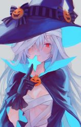 Rule 34 | 1girl, asawa (dm owr), bad id, bad twitter id, bandages, black cape, black gloves, blue cape, blush, breasts, cape, detached sleeves, girls&#039; frontline, gloves, grey background, hair over one eye, halloween costume, hat, highres, long hair, looking at viewer, mouth hold, official alternate costume, pumpkin, simple background, small breasts, smile, solo, star (symbol), tokarev (girls&#039; frontline), tokarev (thief of sweetness) (girls&#039; frontline), upper body, very long hair, white hair, witch hat
