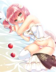 Rule 34 | 10s, 1girl, apple, atelier (series), atelier escha &amp; logy, bed sheet, blush, braid, crop top, escha malier, female focus, food, fruit, green eyes, hlz, lying, on side, panties, panty pull, pink hair, pink panties, pom pom (clothes), red apple, short hair, smile, solo, tail, thighhighs, twintails, underwear, undressing, white background, white thighhighs