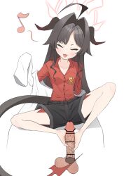 Rule 34 | 1girl, absurdres, barefoot, black hair, blue archive, blush, censored, closed eyes, feet, footjob, highres, horns, kasumi (blue archive), long hair, muno mochi, open mouth, soles, tail, toes