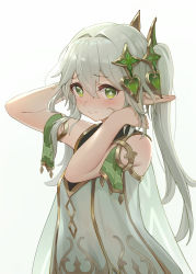Rule 34 | 1girl, amco, arm up, bare arms, bare shoulders, blush, breasts, closed mouth, commentary request, cross-shaped pupils, dress, ear blush, genshin impact, green eyes, grey hair, hair intakes, hair ornament, hand in own hair, hand up, highres, long hair, nahida (genshin impact), pointy ears, see-through, see-through dress, see-through silhouette, side ponytail, sidelocks, simple background, small breasts, solo, symbol-shaped pupils, upper body, wavy mouth, white background