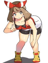 Rule 34 | 1girl, arm support, bent over, bike shorts, bike shorts under shorts, bow, breasts, brown hair, collarbone, creatures (company), game freak, hair bow, index finger raised, looking at viewer, may (pokemon), mituyota 76, nintendo, open mouth, pokemon, pokemon oras, shadow, shirt, shorts, simple background, sleeveless, sleeveless shirt, standing, white background, yellow footwear