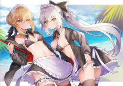 Rule 34 | 2girls, alternate costume, alternate hairstyle, apron, artoria pendragon (alter swimsuit rider) (fate), artoria pendragon (alter swimsuit rider) (fate) (cosplay), artoria pendragon (alter swimsuit rider) (second ascension) (fate), artoria pendragon (fate), ass, bad id, bad pixiv id, beach, bikini, bikini top only, black bikini, black jacket, black legwear, black ribbon, blonde hair, blurry, blurry background, braid, breasts, bridal garter, cleavage, commentary request, cosplay, cowboy shot, coyucom, enmaided, fate/grand order, fate (series), french braid, frilled apron, frilled bikini, frilled bikini top, frills, gothic lolita, hair between eyes, hood, hoodie, jacket, jeanne d&#039;arc (fate), jeanne d&#039;arc alter (avenger) (fate), jeanne d&#039;arc alter (fate), leaning forward, lolita fashion, looking at viewer, maid, maid bikini, maid headdress, medium breasts, midriff, mop, multiple girls, navel, open clothes, open hoodie, open jacket, pale skin, palm tree, ponytail, ribbon, sidelocks, silver hair, small breasts, stomach, swimsuit, thighhighs, thighs, tree, unconventional maid, waist apron, yellow eyes