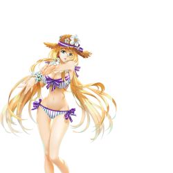 Rule 34 | 1girl, bikini, blonde hair, breasts, cleavage, floating hair, flower, green eyes, hat, large breasts, legs, long hair, looking at viewer, navel, parted lips, sacred sword princesses, smile, solo, standing, straw hat, string bikini, swimsuit, thigh gap, thighs, transparent background