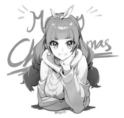 Rule 34 | 1girl, amanogawa kirara, blunt bangs, commentary, earrings, go! princess precure, grin, hand on own chin, highres, jewelry, long hair, low twintails, merry christmas, monochrome, olys, precure, smile, solo, star (symbol), star earrings, sweater, symbol-only commentary, twintails