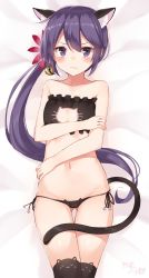 Rule 34 | 10s, 1girl, akebono (kancolle), animal ear legwear, animal ears, bad id, bad twitter id, bare arms, bare legs, bare shoulders, bed sheet, bell, black bra, black panties, black thighhighs, blush, bra, breasts, cat cutout, cat ear legwear, cat ear panties, cat ears, cat lingerie, cat tail, cleavage cutout, closed mouth, clothing cutout, collarbone, cowboy shot, embarrassed, fake animal ears, flat chest, flower, from above, frown, gluteal fold, groin, hair bell, hair flower, hair ornament, highres, jingle bell, kantai collection, kemonomimi mode, long hair, looking at viewer, lying, meme attire, navel, on back, panties, purple eyes, purple hair, shiny skin, side-tie panties, side ponytail, signature, small breasts, solo, stomach, tail, takehana note, tears, thigh gap, thighhighs, underwear, underwear only, wavy mouth