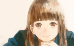 Rule 34 | 1girl, blue shirt, blunt bangs, brown eyes, brown hair, closed mouth, grey background, head rest, long hair, looking at viewer, original, sakimori (hououbds), shirt, smile, solo