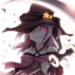 Rule 34 | 1girl, adesa, black cape, black hat, black shirt, cape, closed mouth, criss-cross halter, crop top, frown, glowing, glowing eyes, hair bobbles, hair ornament, halterneck, hat, hat ornament, holding, holding scythe, looking at viewer, magia record: mahou shoujo madoka magica gaiden, magical girl, mahou shoujo madoka magica, medium hair, misono karin, one eye covered, parted bangs, pink ribbon, purple hair, red eyes, ribbon, scythe, serious, shirt, solo, star (symbol), star hat ornament, tears, two side up, upper body, witch hat, yellow gemstone
