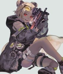 Rule 34 | 1girl, absurdres, brown hair, bullpup, commentary request, double bun, eyewear on head, feet out of frame, gas mask, girls&#039; frontline, gloves, gun, hair bun, highres, holding, holding gun, holding weapon, hood, hooded jacket, jacket, looking at viewer, mask, unworn mask, nik ibi, open mouth, p90, p90 (girls&#039; frontline), personal defense weapon, red eyes, shoes, short hair, sitting, smile, solo, submachine gun, sunglasses, thigh strap, thighhighs, weapon