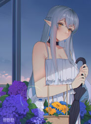 Rule 34 | 1girl, absurdres, bare shoulders, black choker, blue flower, bottle, braid, breasts, choker, cleavage, closed mouth, closed umbrella, dress, earrings, flower, french braid, grey hair, highres, holding, holding umbrella, hydrangea, jewelry, long hair, looking at viewer, medium breasts, milephunter, mismatched pupils, original, pointy ears, purple flower, solo, umbrella, white dress, window, yellow eyes