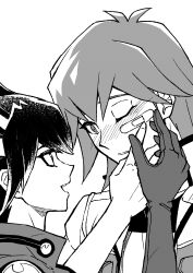 Rule 34 | 2boys, absurdres, bandaid, bandaid on face, black hair, blush, bruno (yu-gi-oh!), couple, facing to the side, fudo yusei, gloves, greyscale, hand on another&#039;s face, hand on own face, high collar, highres, jacket, looking at another, male focus, monochrome, multiple boys, one eye closed, open mouth, parted lips, screentones, shirt, short hair, simple background, smile, standing, upper body, yaoi, youko-shima, yu-gi-oh!, yu-gi-oh! 5d&#039;s