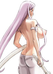 Rule 34 | 1girl, 774 (nanashi), arm strap, ass, back, breasts, brown eyes, butt crack, cross, from behind, huge breasts, katana, long hair, nipples, puffy nipples, purple hair, sagiri yuuko, simple background, smile, solo, sword, topless, triage x, unsheathed, very long hair, weapon, white background