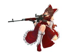 Rule 34 | 1girl, benikurage (cookie), blush, boots, bow, brown eyes, brown gloves, brown hair, closed mouth, cookie (touhou), detached sleeves, gloves, gun, hair bow, hakurei reimu, highres, holding, holding gun, holding weapon, hundred-jpy, knee boots, looking away, red bow, rifle, scope, short hair, smile, sniper rifle, solo, touhou, weapon, white footwear