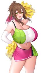 Rule 34 | 1girl, :d, absurdres, arm behind back, blush, breasts, brown hair, cheerleader, cleavage, cowboy shot, crop top, elbow gloves, gloves, green eyes, highres, holding, holding pom poms, huge breasts, looking at viewer, medium hair, midriff, miniskirt, multicolored hair, multicolored sports bra, navel, open mouth, original, pink hair, pom pom (cheerleading), pom poms, simple background, skirt, smile, solo, sports bra, suruga (xsurugax), thighs, white background
