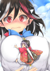 Rule 34 | 2girls, anger vein, barefoot, black hair, blue sky, blush, bowl, bowl hat, breasts, breath, brown eyes, buttons, chikado, closed mouth, cloud, cloudy sky, cone horns, covered erect nipples, day, fang, fang out, flying sweatdrops, grabbing, grabbing another&#039;s breast, hat, horns, japanese clothes, kijin seija, kimono, large breasts, looking at viewer, mini person, minigirl, multicolored hair, multiple girls, needle, nipple stimulation, nipple tweak, obi, pointy ears, purple hair, red eyes, sash, shirt, short hair, size difference, sky, streaked hair, sukuna shinmyoumaru, touhou, upper body, white hair, white shirt, yuri