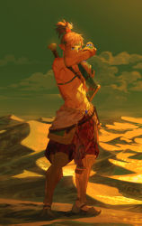 Rule 34 | 1boy, abs, arm up, blonde hair, blue eyes, cloud, desert, desert voe set (zelda), earrings, full body, green sky, jewelry, link, male focus, nintendo, outdoors, pants, pointy ears, ponytail, sand, sandals, scar, scar on arm, scar on chest, solo, standing, starstruckdon, sunset, the legend of zelda, the legend of zelda: breath of the wild, weapon, weapon on back