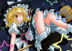 Rule 34 | 1girl, bad id, bad pixiv id, blonde hair, bloomers, bow, braid, broom, daisycutter, female focus, grin, hair bow, hand on headwear, hat, highres, kirisame marisa, one eye closed, short hair, smile, solo, star (symbol), takanoru, teeth, touhou, underwear, wink, witch, witch hat, yellow eyes