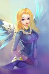 Rule 34 | 1girl, alternate hairstyle, aqua background, backlighting, black gloves, blonde hair, blue bodysuit, blue eyes, blue wings, bodysuit, breasts, combat medic ziegler, gloves, gradient background, hair down, highres, long hair, long sleeves, looking at viewer, mechanical wings, medium breasts, mercy (overwatch), neon (zuicongming), no headwear, nose, official alternate costume, overwatch, overwatch 1, parted lips, pink lips, purple background, sitting, skin tight, solo, wings, yellow background