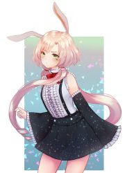 Rule 34 | 1girl, animal ears, artist name, black skirt, closed mouth, cowboy shot, detached sleeves, freckles, green eyes, heart, heart tattoo, highres, leaning forward, long hair, long sleeves, looking at viewer, neck ribbon, original, pink hair, pout, rabbit ears, red ribbon, ribbon, skirt, solo, suspender skirt, suspenders, tattoo, temachii, transparent background, twintails, very long hair