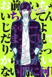 Rule 34 | 10s, 1boy, amulet, fangs, free!, green background, hat, jacket, kyoto animation, male focus, matsuoka rin, partial monochrome, purple hair, red eyes, solo, undershirt