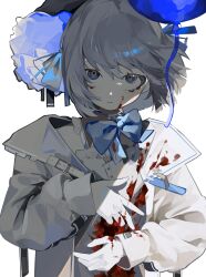 Rule 34 | 1girl, :|, absurdres, blood, blood on clothes, blood on hands, blue bow, blue bowtie, blue eyes, blue headwear, bow, bowtie, closed mouth, expressionless, highres, jacket, long sleeves, looking at viewer, original, pale skin, shade, short hair, simple background, solo, toasu, upper body, white background, white hair, white jacket