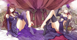 Rule 34 | 2girls, bare shoulders, barefoot, bed sheet, between toes, black gloves, blue dress, blush, breasts, brown hair, cherry, collarbone, crossed legs, curtains, dress, elbow gloves, fate/grand order, fate (series), feet, flower, food, fruit, gloves, grapes, grey eyes, grey hair, hair between eyes, hair flower, hair ornament, highres, holding, indoors, jeanne d&#039;arc (fate), jeanne d&#039;arc (ruler) (fate), jeanne d&#039;arc alter (avenger) (fate), jeanne d&#039;arc alter (fate), jh, light smile, long hair, looking at viewer, medium breasts, multiple girls, official alternate costume, on bed, parted lips, pillow, purple dress, purple eyes, purple flower, purple gloves, scathach (fate), scathach (formal dress) (fate), single thighhigh, sitting, smile, soles, symmetrical pose, symmetry, thighhighs, thighs, tiara, toes, tsurime, very long hair, wavy hair, yellow eyes