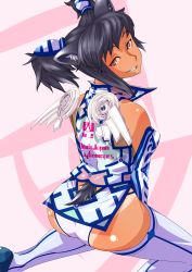 Rule 34 | 1girl, absurdres, animal ears, ass, black hair, boots, brown eyes, fang, grin, highres, kneeling, looking at viewer, looking back, original, panties, smile, solo, tail, tan, tanline, thigh boots, thighhighs, twintails, underwear, yakibuta (shimapow)