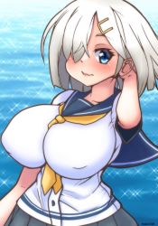 Rule 34 | 1girl, bad id, bad twitter id, blue eyes, breasts, daichi (daiti1318), hair ornament, hair over one eye, hairclip, hamakaze (kancolle), highres, kantai collection, large breasts, lips, looking at viewer, neckerchief, pleated skirt, school uniform, serafuku, short hair, silver hair, skirt, smile, solo, yellow neckerchief