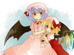 Rule 34 | 2girls, arm hug, ascot, bad id, bad pixiv id, blonde hair, blouse, blue background, bow, brooch, cling, comic, dress, female focus, flandre scarlet, hair bow, hammer (sunset beach), hat, jewelry, light purple hair, multiple girls, red eyes, remilia scarlet, shirt, short hair, siblings, side ponytail, silent comic, sisters, smile, touhou, wings, wrist cuffs