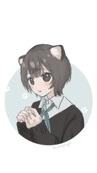 Rule 34 | 1girl, animal ear fluff, animal ears, blush, brown eyes, brown hair, green ribbon, grey background, hamafugu, highres, looking at viewer, open mouth, original, paw print, paw print background, ribbon, short hair, simple background, sleeves past wrists, solo, twitter username, upper body