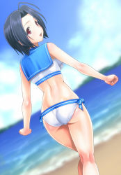 Rule 34 | 1girl, :d, ahoge, ass, back, beach, bikini, blue hair, blurry, blush, body blush, breasts, cloud, day, depth of field, dutch angle, from behind, idolmaster, idolmaster (classic), kneepits, large breasts, looking at viewer, looking back, miura azusa, muhi11234, narrow waist, ocean, open mouth, outdoors, red eyes, sailor bikini, sailor collar, sailor swimsuit, sailor swimsuit (idolmaster), shiny skin, short hair, side-tie bikini bottom, skindentation, sky, smile, solo, standing, swimsuit, water, white bikini, wide hips