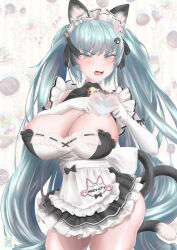 Rule 34 | 1girl, absurdres, animal ears, apron, black dress, blue hair, blush, breasts, cat ears, cat tail, character name, dress, drill hair, elbow gloves, fake animal ears, fake tail, gloves, goddess of victory: nikke, heart, heart hands, highres, huge breasts, light blue hair, long hair, maid, maid headdress, mumu (mumumux2), neck bell, official alternate costume, open mouth, paw hair ornament, privaty (nikke), privaty (unkind maid) (nikke), skindentation, solo, tail, thighhighs, twin drills, twintails, very long hair, white apron, white gloves, white thighhighs, yellow eyes