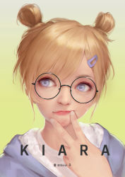 Rule 34 | 1girl, bigxixi, blonde hair, blue eyes, glasses, gradient background, green background, highres, lips, portrait, round eyewear, solo, swept bangs, tagme