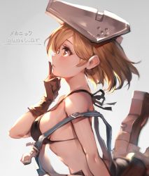 Rule 34 | 1girl, bad id, bad twitter id, bare shoulders, bikini, blonde hair, brown eyes, djeeta (granblue fantasy), from side, gloves, granblue fantasy, highres, looking up, mask, mask on head, mechanic (granblue fantasy), overalls, short hair, solo, swimsuit, thinking, watao, welding mask