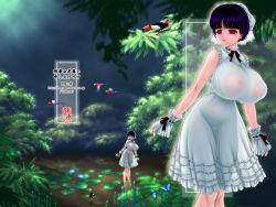 Rule 34 | 1girl, bare arms, bird, breasts, bug, butterfly, chichi kurage ss, dress, fern, forest, huge breasts, insect, large areolae, nature, nipples, no bra, outdoors, parrot, pond, public indecency, purple hair, red eyes, see-through, see-through silhouette, short hair, solo, text focus, toucan, translation request, tree, wading, watermark, web address