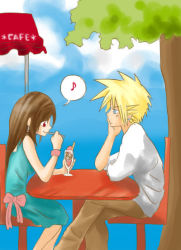 Rule 34 | 1990s (style), cloud strife, eating, final fantasy, final fantasy vii, food, ice cream, musical note, outdoors, parfait, sitting, smile, spoon, table, tifa lockhart, tree
