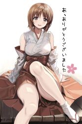 Rule 34 | 1girl, absurdres, alternate costume, black footwear, brown eyes, brown hair, commentary, detached sleeves, girls und panzer, hakama, hakama skirt, highres, japanese clothes, knee up, looking at viewer, miko, nishizumi miho, open mouth, red hakama, sandals, shirt, short hair, sitting, skirt, sleeveless, sleeveless shirt, smile, socks, solo, tabi, translated, white background, white shirt, white sleeves, white socks, wooden floor, zaofeng, zouri