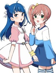 Rule 34 | 2girls, :d, ahoge, alternate hairstyle, blue eyes, blue hair, blush, bow, cosplay, costume switch, dress, eyelashes, green eyes, hair bow, hair ornament, hair ribbon, hairstyle switch, happy, high ponytail, high side ponytail, hirogaru sky! precure, long hair, looking at viewer, multiple girls, nijigaoka mashiro, open mouth, pink hair, ponytail, precure, ribbon, side ponytail, simple background, sketch, skirt, smile, sora harewataru, standing, thighhighs, thighs, white background, yumi san0112