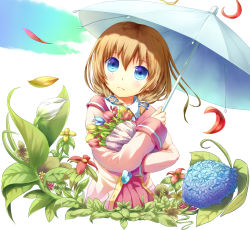 Rule 34 | 1girl, bad id, bad nicoseiga id, bad pixiv id, blonde hair, blue eyes, bouquet, closed mouth, collared shirt, day, flower, highres, holding, hydrangea, jacket, leaf, long hair, long sleeves, looking up, low twintails, muneyuki, original, outdoors, pink jacket, pink skirt, pleated skirt, school uniform, shirt, simple background, skirt, solo, standing, twintails, umbrella, upper body, white background, white shirt