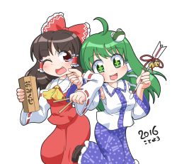 Rule 34 | + +, 2girls, :d, ahoge, ascot, bell, brown hair, cheek pinching, detached sleeves, fang, frog hair ornament, green eyes, green hair, hair ornament, hakurei reimu, highres, holding, jingle bell, kochiya sanae, long hair, long skirt, looking at viewer, multiple girls, open mouth, pinching, red eyes, simple background, skirt, smile, snake hair ornament, standing, standing on one leg, symbol-shaped pupils, tears, touhou, translated, unachika, wand, white background