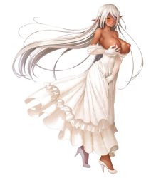Rule 34 | 1girl, aikawa arisa, bare shoulders, blue eyes, blush, grabbing another&#039;s breast, breasts, cleavage, dark-skinned female, dark elf, dark skin, dress, elbow gloves, elf, female focus, full body, gloves, grabbing, hands on own hips, heterochromia, highres, large breasts, lilith-soft, long hair, looking at viewer, nadra baylor, nipples, no bra, pointy ears, shiny skin, silver hair, solo, standing, taimanin (series), taimanin asagi, taimanin rpgx, very long hair, white dress, white theme, yellow eyes